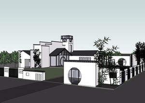 新中式风格会所建筑以及庭院布置设计SU(草图大师)模型