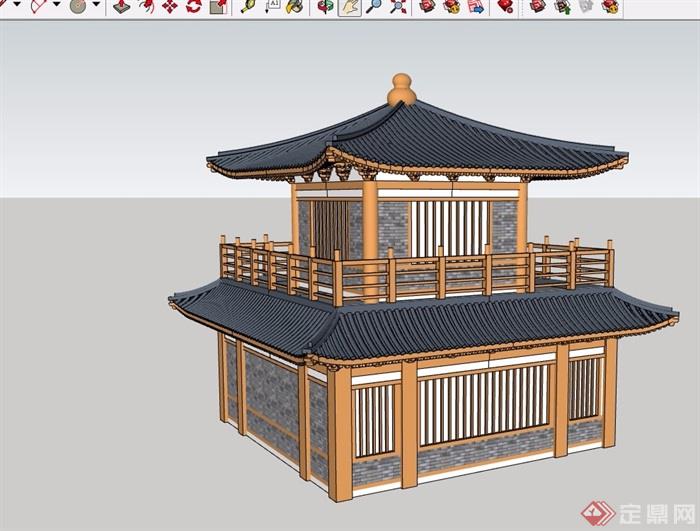 古典中式旅游景区钟鼓楼设计su模型