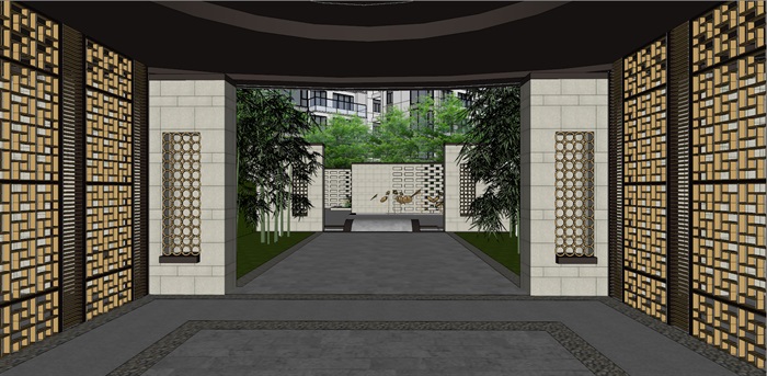 中式风格小区入口及住宅楼设计su模型