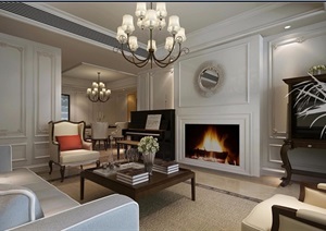 简欧风格详细的客餐厅空间室内设计3d模型及效果图