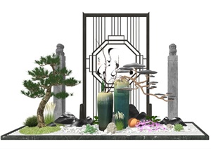 新中式景观小品 庭院小品 陶罐植物组合SU(草图大师)模型