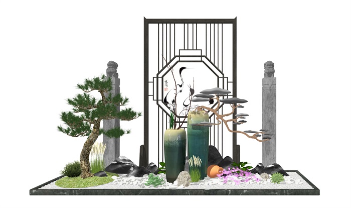 新中式景观小品 庭院小品 陶罐植物组合su模型(3)