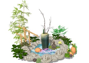 新中式景观小品 庭院小品 滨水 石头植物组合SU(草图大师)模型