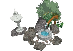 日式景观小品 庭院小品 石头 植物组合SU(草图大师)模型