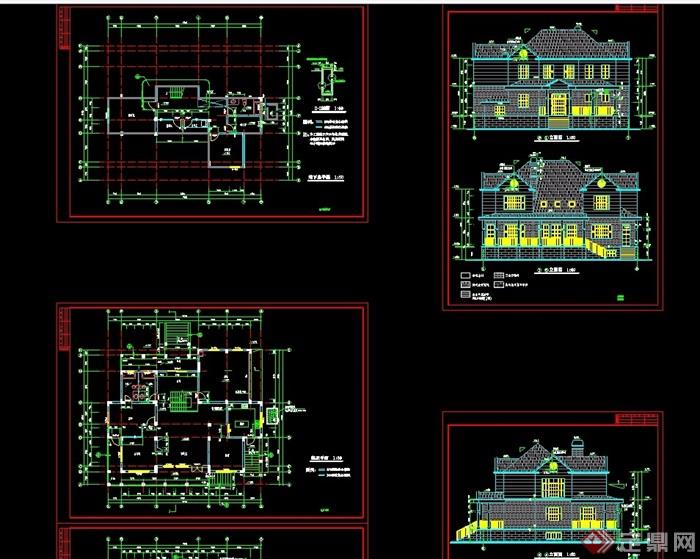 详细的完整欧式两层住宅别墅设计cad施工图