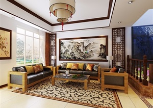 现代中式客厅装饰设计3d模型及效果图
