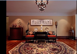 详细的完整整体住宅室内客厅中式设计3d模型及效果图