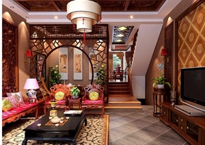 中式详细的住宅室内客厅空间装饰设计3d模型及效果图