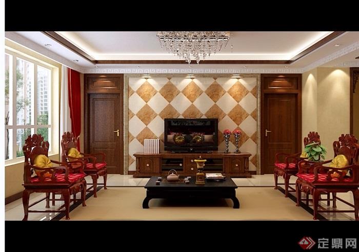 中式详细的住宅客厅装饰设计3d模型及效果图