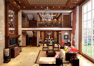 现代中式详细的住宅客厅装饰设计3d模型及效果图