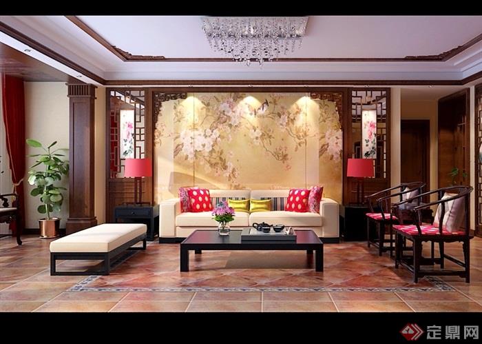 中式详细的住宅室内客厅装饰设计3d模型及效果图