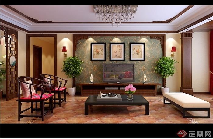 中式详细的住宅室内客厅装饰设计3d模型及效果图