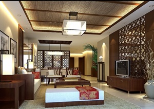 中式详细的整体客厅装饰设计3d模型及效果图