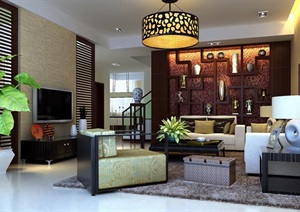 现代中式风格详细的客厅装饰设计3d模型及效果图