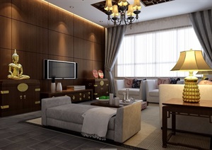 中式详细的住宅客厅装饰设计3d模型及效果图