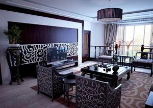 中式简单的住宅客厅装饰设计3d模型及效果图