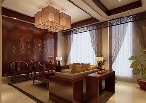现代中式详细的住宅客厅餐厅装饰设计3d模型及效果图