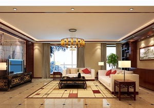 现代中式住宅室内客厅装饰设计3d模型及效果图
