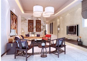 中式详细的客厅室内装饰设计3d模型及效果图