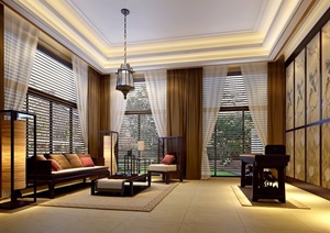 中式风格详细的客厅装饰设计3d模型及效果图