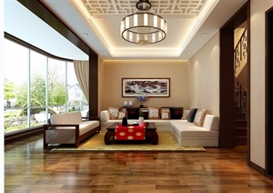 中式风格详细的住宅室内客厅装饰设计3d模型及效果图