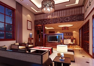 中式详细的住宅室内客厅空间装饰设计3d模型及效果图