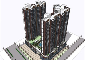 30层现代风格高层商住楼建筑立面设计和沿街商业设计su(SU(草图大师)）精品模型