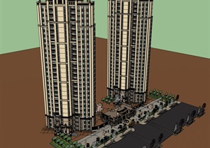 27层西方新古典风格高层居住小区和入口建筑设计su(SU(草图大师)）精品模型