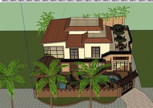 住宅欧式风格别墅建筑及庭院设计SU(草图大师)模型
