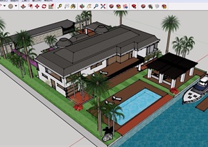 美式风格住宅别墅及庭院花园SU(草图大师)模型