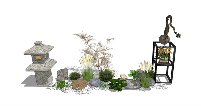 新中式庭院小品 景观小品 石头 植物su模型(1)
