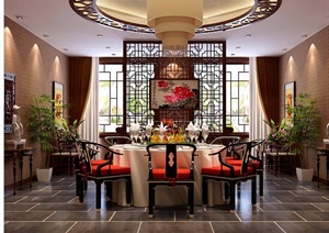 中式详细的餐厅空间室内设计3d模型及效果图
