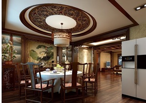 住宅详细的中式餐厅空间装饰设计3d模型及效果图