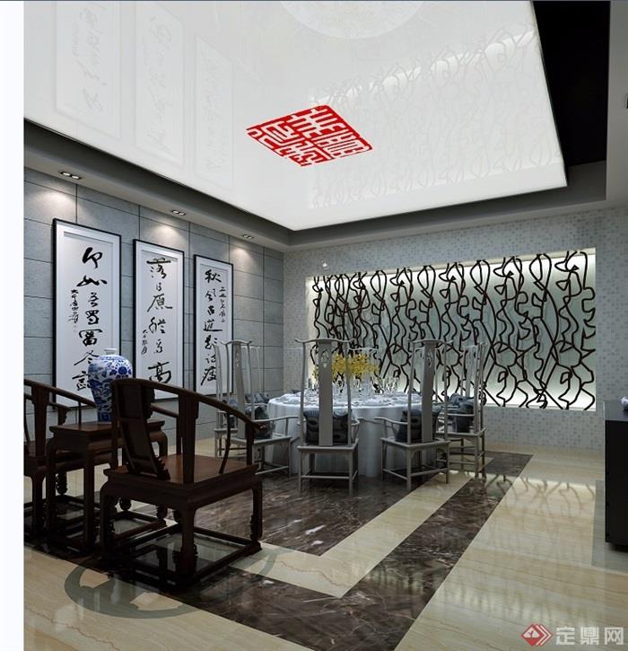 中式详细的完整餐厅装饰设计3d模型及效果图