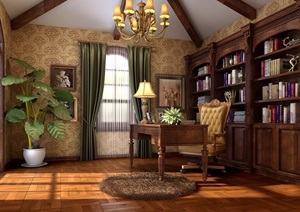 欧式风格详细的住宅书房设计3d模型及效果图