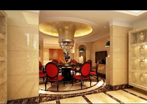 欧式风格详细的住宅室内餐厅空间装饰3d模型及效果图
