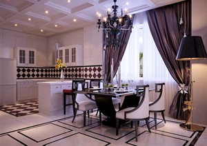 欧式风格详细的餐厅室内3d模型及效果图