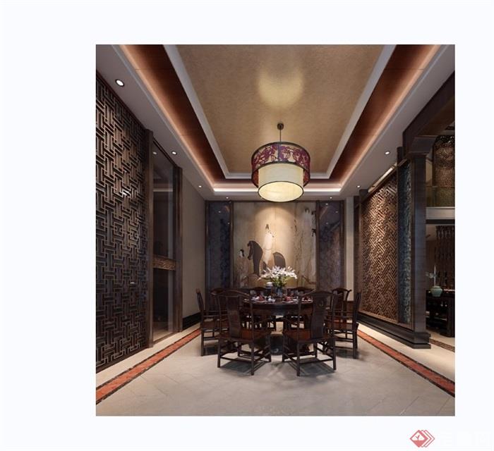 中式风格详细的完整家装餐厅室内设计3d模型及效果图