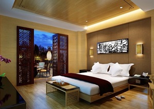 中式详细的完整卧室空间装饰设计3d模型及效果图