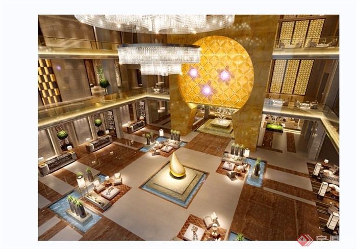 详细的完整整体酒店大堂室内3d模型及效果图