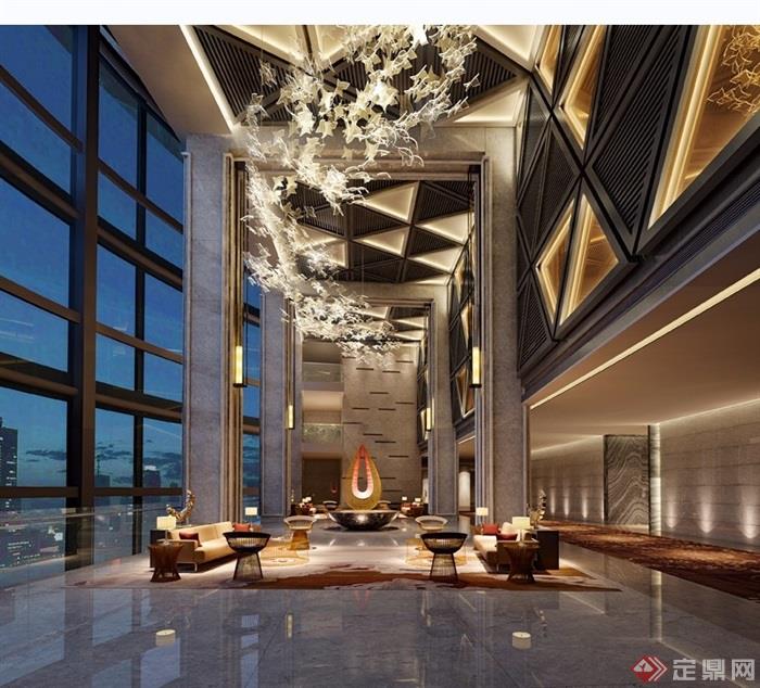 酒店完整详细的大堂空间装饰设计3d模型及效果图