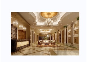 详细的完整欧式风格大厅走廊装饰设计3d模型及效果图