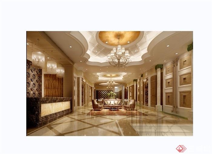 详细的完整欧式风格大厅走廊装饰设计3d模型及效果图