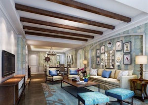 地中海风格详细的客厅装饰设计3d模型及效果图