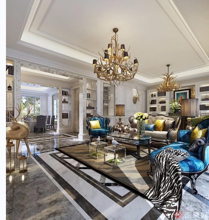 详细的完整欧式风格客厅室内装饰设计3d模型及效果图