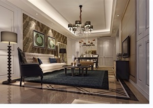 欧式风格详细的完整住宅室内客厅装饰设计3d模型及效果图