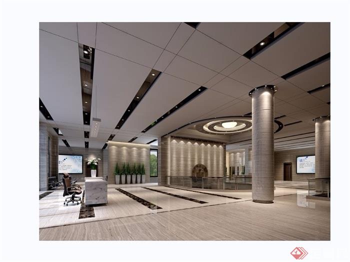 某现代风格详细的室内公共大堂空间工装设计3d模型及效果图