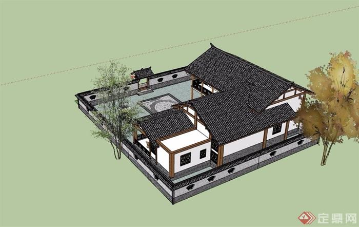 中式农村别墅合院详细建筑设计su模型