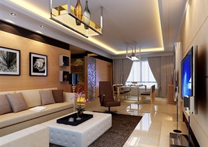 现代风格详细的完整客餐厅室内空间装饰设计3d模型及效果图