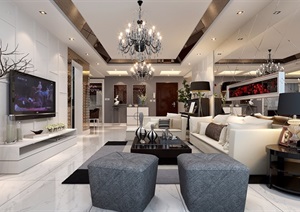 现代详细的室内客厅装饰室内设计3d模型及效果图